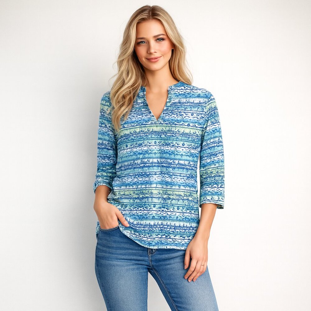 2/$30 hearts of palm Tribal Print Notched Tee 3/4 Sleeve Blue Multi XS #1553
